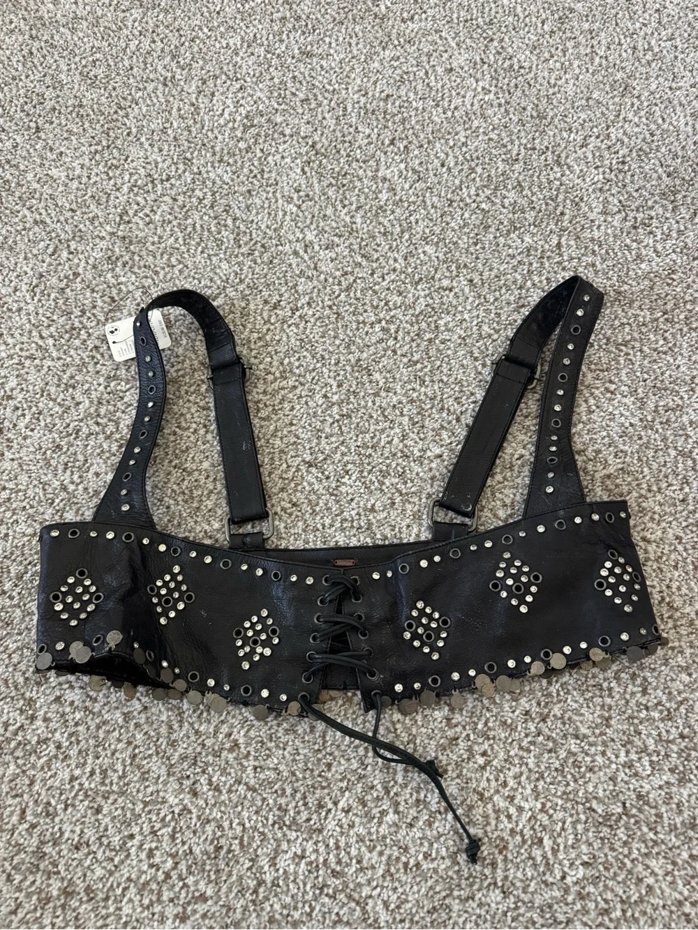 Free People Black Studded Lace-Up Leather Crop Top - Women Accessories